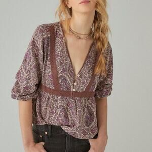 Lucky Brand Lace Inset Babydoll Top Multicolor Paisley Boho Blouse Women’s M